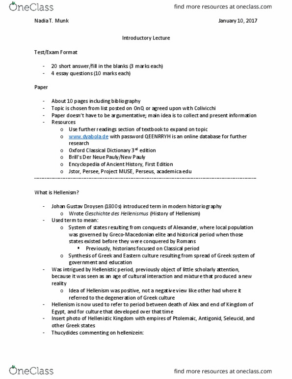 CLST 335 Lecture Notes - Lecture 1: Oxford Classical Dictionary, Hellenization, Project Muse thumbnail