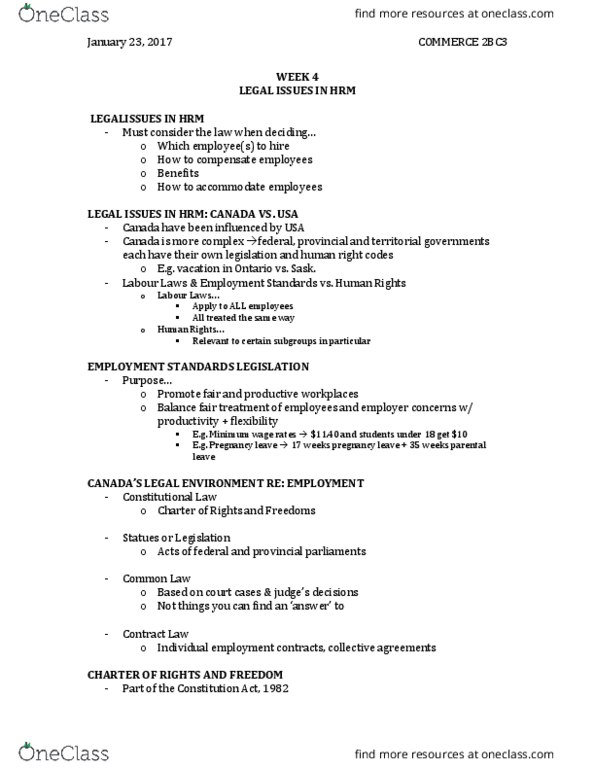 COMMERCE 2BC3 Lecture Notes - Lecture 4: Ontario Human Rights Code, Canadian Human Rights Act, Constitution Act, 1982 thumbnail