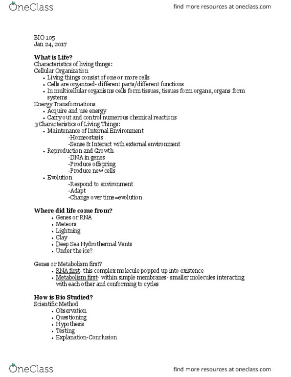 BIO 105 Lecture Notes - Lecture 1: Homeostasis thumbnail