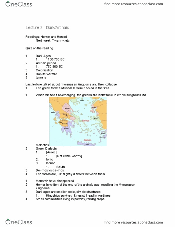 CLASSICS 1M03 Lecture Notes - Lecture 3: Mycenaean Greece, Hoplite, Iliad thumbnail