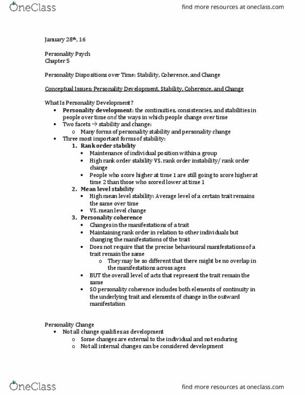 PSYC 2740 Chapter Notes - Chapter 5: Personality Development, Neuroticism, Trait Theory thumbnail