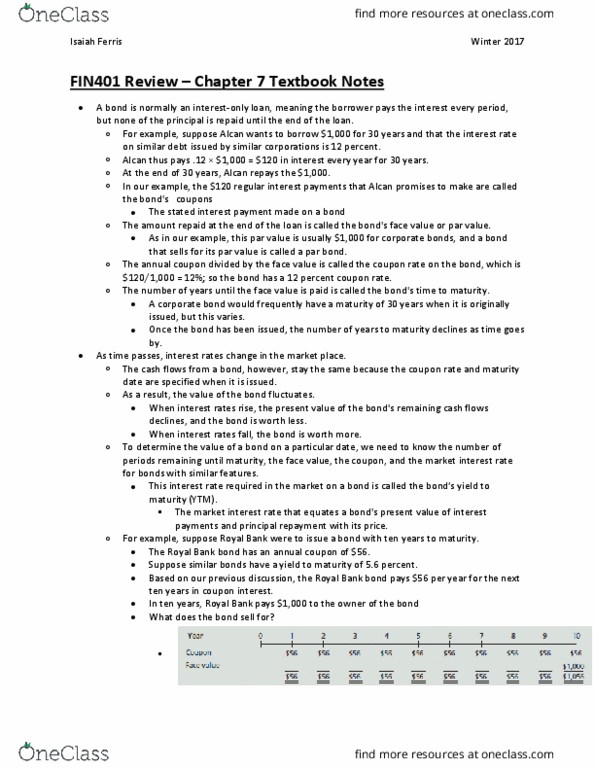 FIN 401 Chapter Notes - Chapter 7: Interest Rate Risk, Unsecured Debt, Premium Bond thumbnail