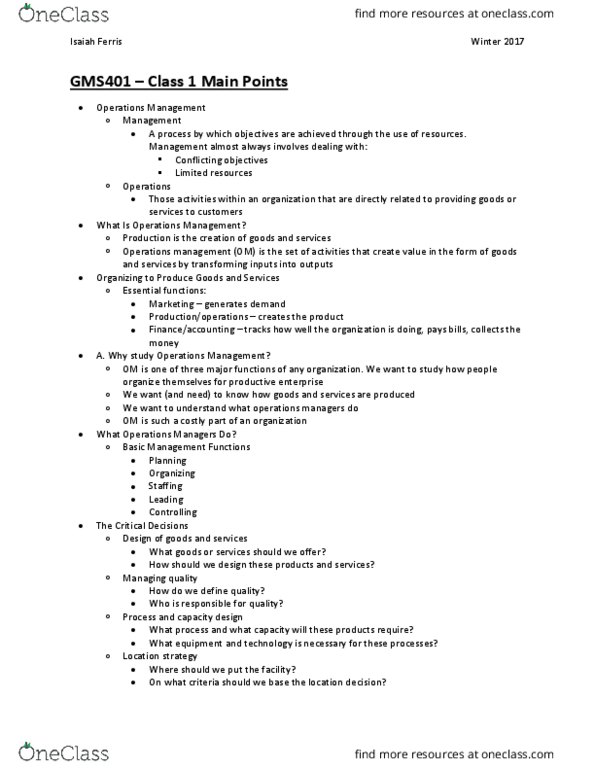 GMS 401 Lecture Notes - Lecture 1: Project Management Institute, Material Requirements Planning, Operations Management thumbnail