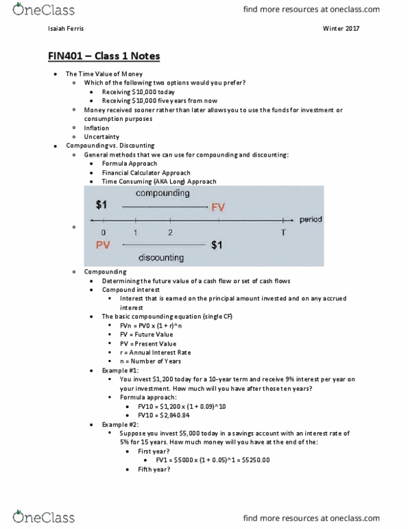 FIN 401 Lecture Notes - Lecture 1: Compound Interest, Cash Flow, Accrued Interest thumbnail