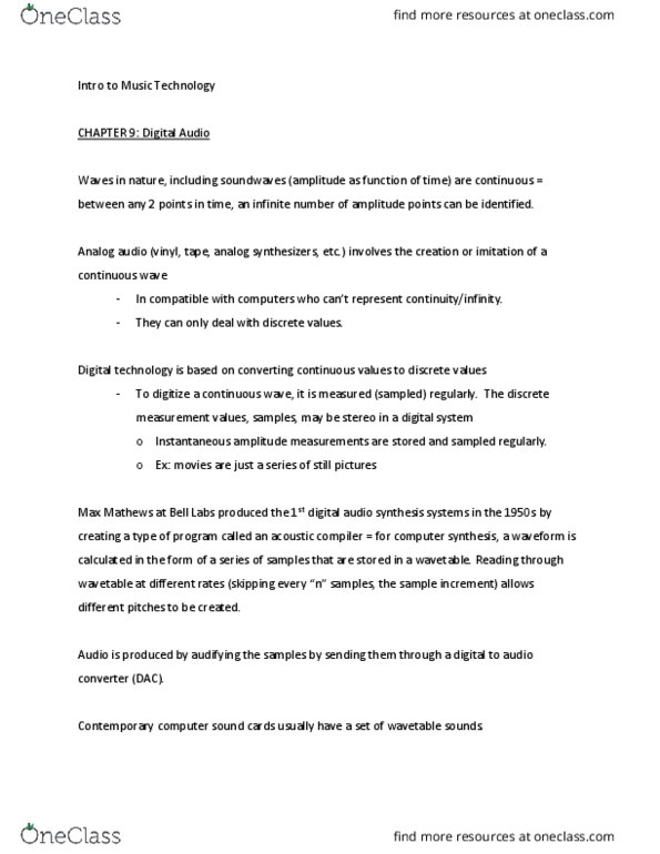 MUST 1220 Lecture Notes - Lecture 6: Sound, Wavetable Synthesis, Synthesizer thumbnail