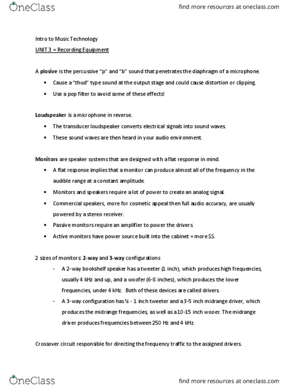 MUST 1220 Lecture Notes - Lecture 10: Mid-Range Speaker, Tweeter, Pop Filter thumbnail