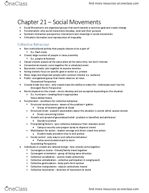 SOCI 1002 Chapter Notes - Chapter 21: Pepper Spray, Social Movement Organization, Symbolic Interactionism thumbnail