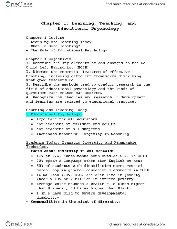 PSY 22215 Lecture Notes - Lecture 1: No Child Left Behind Act, Adequate Yearly Progress, Educational Psychology thumbnail