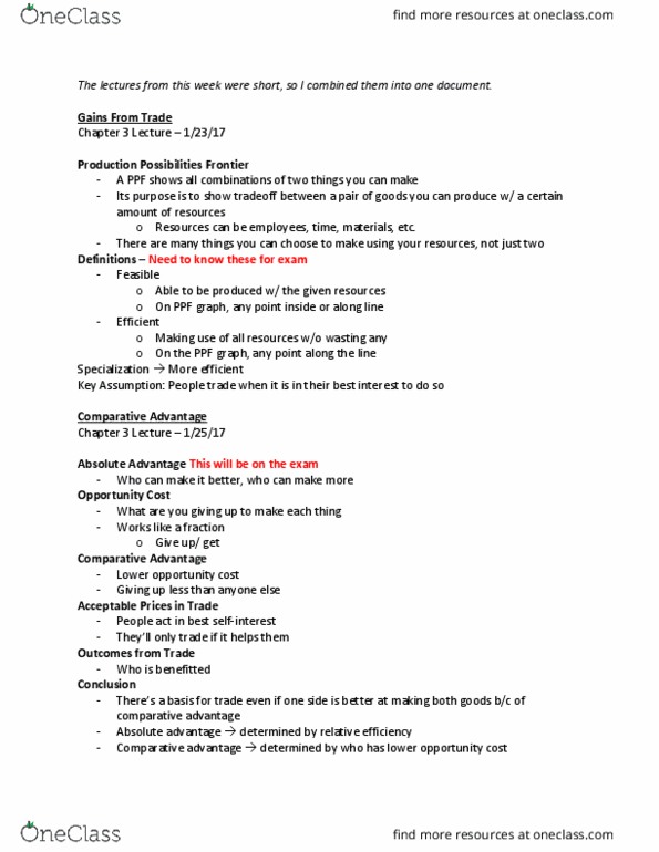 ECON 2010 Lecture Notes - Lecture 3: Absolute Advantage, Comparative Advantage, Opportunity Cost thumbnail