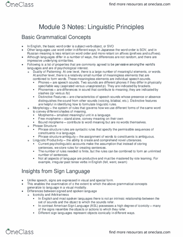 LIN 3713 Lecture Notes - Lecture 3: American Sign Language, Phrase Structure Rules, Bound And Unbound Morphemes thumbnail