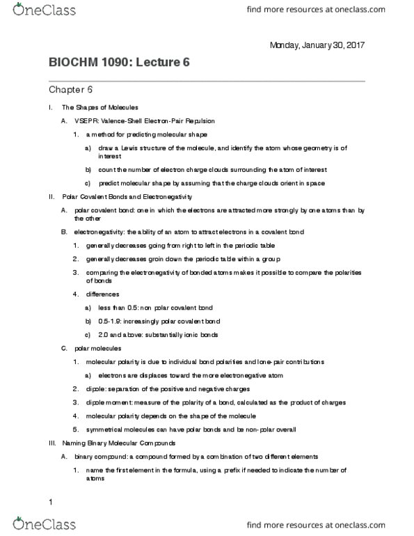 BIOCHM 1090 Lecture Notes - Lecture 6: Chemical Polarity, Binary Phase, Elementary Charge thumbnail