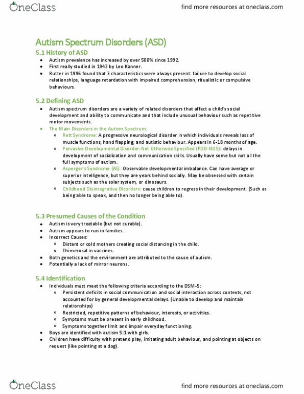 Psychology 2043A/B Chapter Notes - Chapter 5: Autism Spectrum, Leo Kanner, Rett Syndrome thumbnail