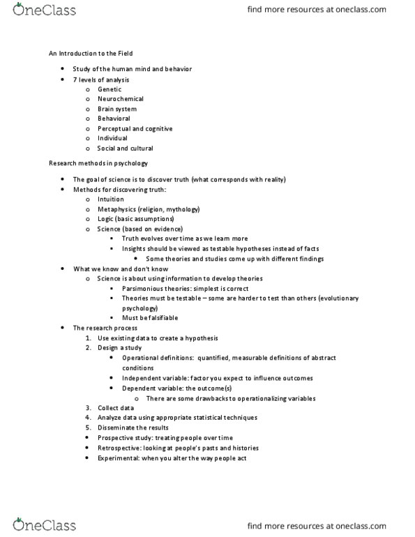 PSY 1000 Lecture Notes - Lecture 1: Dependent And Independent Variables, Falsifiability, Frequency Distribution thumbnail