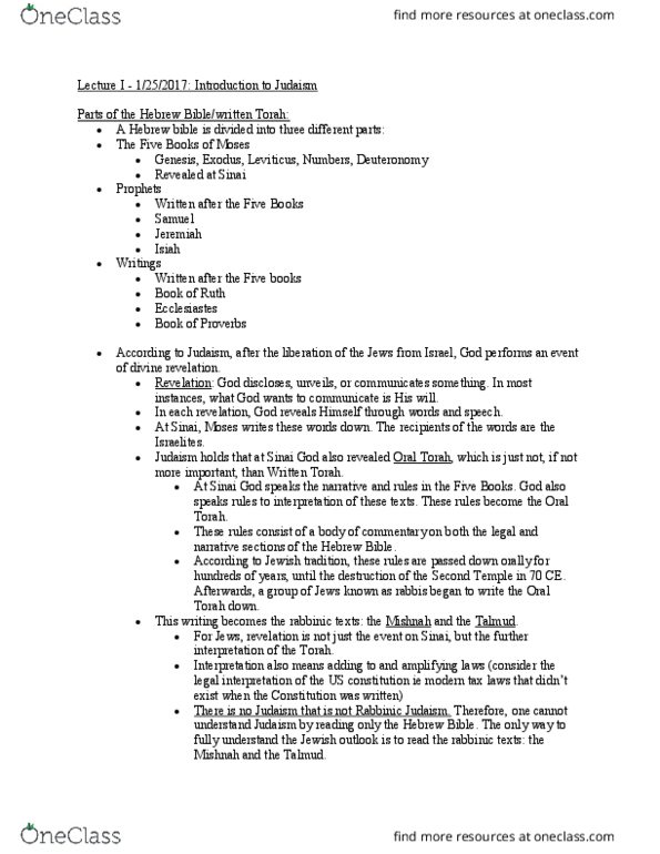 RELI 211 Lecture Notes - Lecture 1: Rabbinic Judaism, Second Temple Judaism, Oral Torah thumbnail