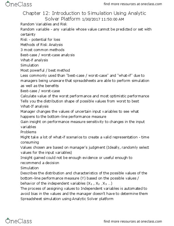 BIT 3434 Chapter Notes - Chapter 12: Random Variable, Spreadsheet thumbnail