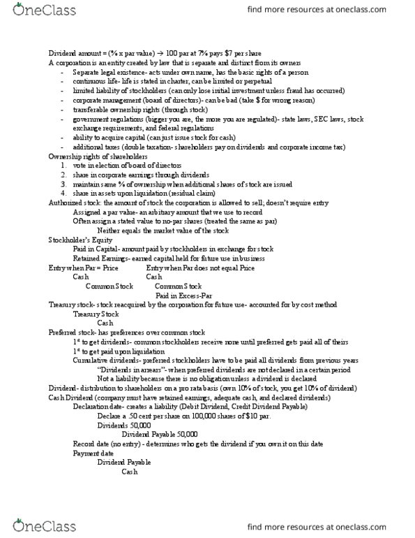 MGT 210 Lecture Notes - Lecture 11: Treasury Stock, Cash Cash, Preferred Stock thumbnail