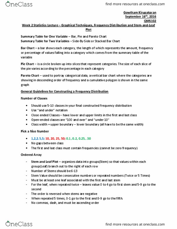 QMS 102 Lecture Notes - Lecture 2: Histogram, Ogive, Bar Chart thumbnail