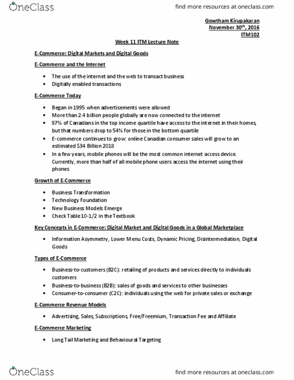 ITM 102 Lecture Notes - Lecture 11: Electronic Data Interchange, Web 2.0, Outsourcing thumbnail