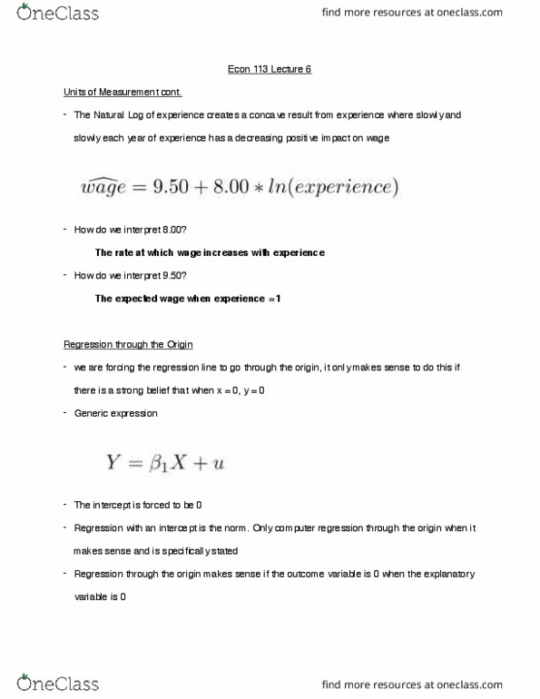ECON 113 Lecture Notes - Lecture 6: Dependent And Independent Variables, The Intercept thumbnail