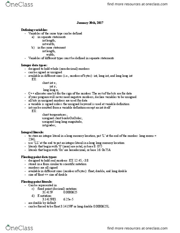 COSC-051 Lecture Notes - Lecture 4: String Literal, Integer Literal, January 30 thumbnail