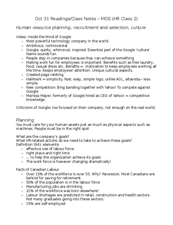 Management and Organizational Studies 1021A/B Lecture Notes - Marissa Mayer, Labour Candidates And Parties In Canada, Organizational Culture thumbnail