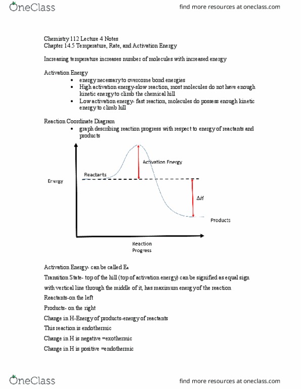 CHEM 112 Lecture Notes - Lecture 4: Enthalpy, Reaction Intermediate, Activation Energy thumbnail