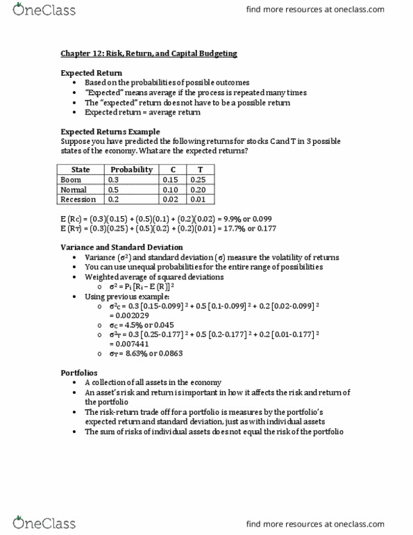 FINA 2710 Chapter Notes - Chapter 12: Capital Asset Pricing Model, Economic Equilibrium, Risk Premium thumbnail