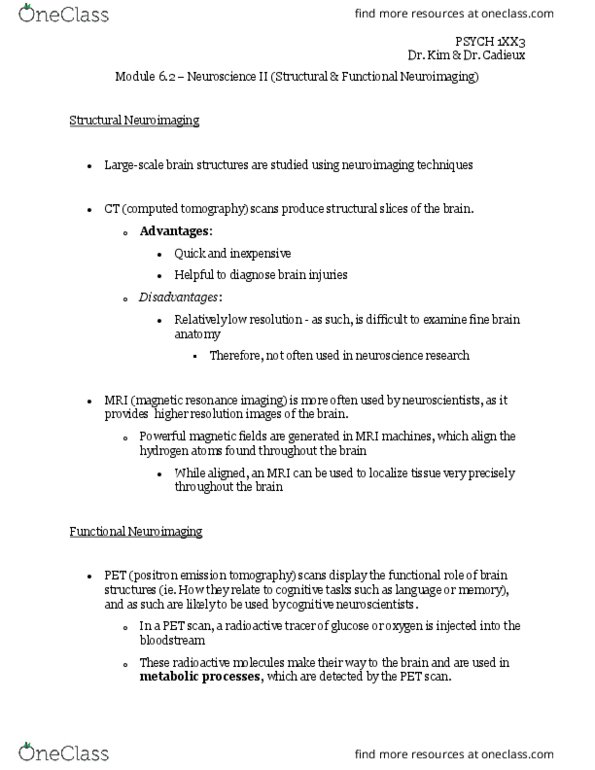 PSYCH 1XX3 Chapter Notes - Chapter 6.2: N170, Radioactive Tracer, Neuroimaging thumbnail