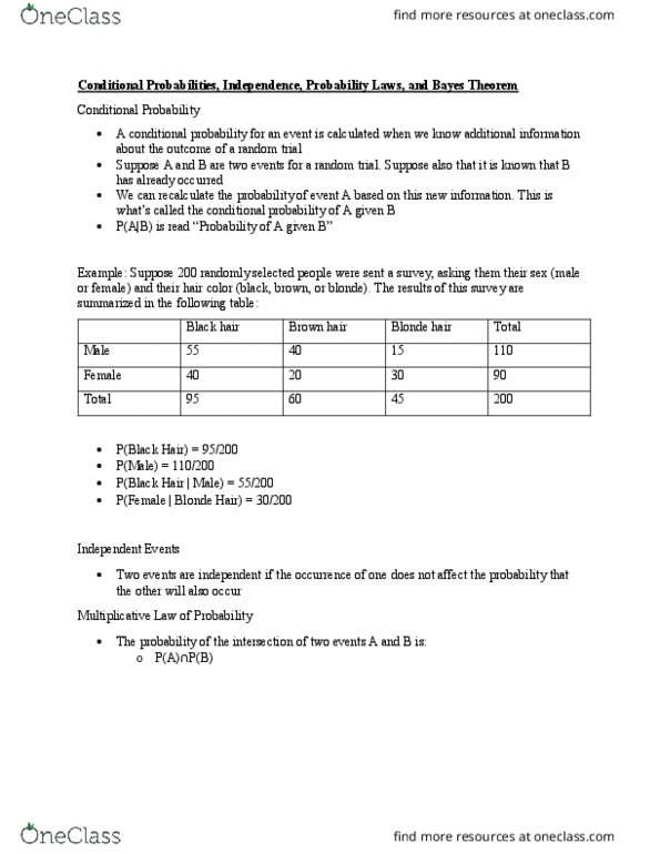 STAT 3201 Lecture Notes - Lecture 6: Brown Hair, Conditional Probability thumbnail