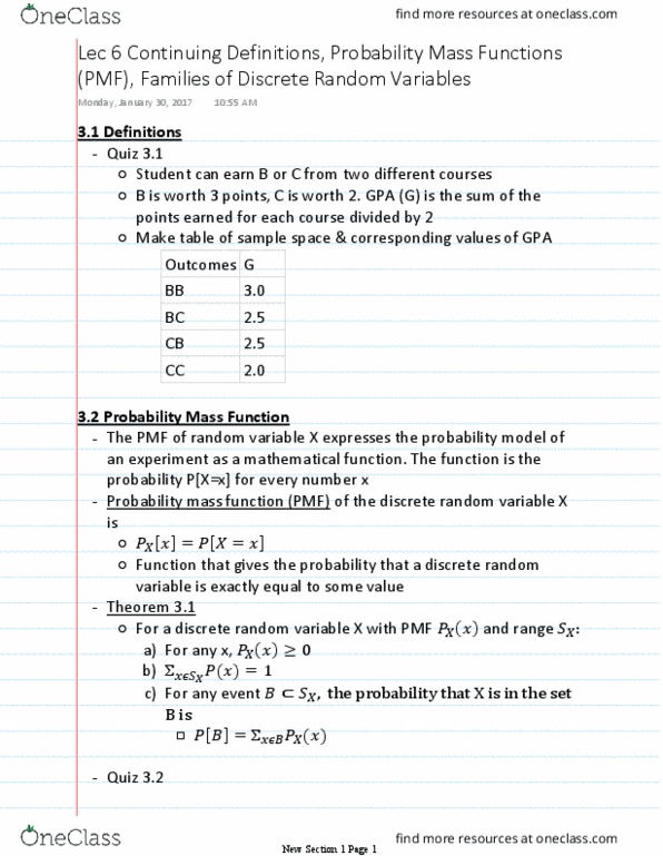 ELEG 3143 Lecture Notes - Lecture 6: Bernoulli Distribution, Probability Mass Function, Random Variable thumbnail