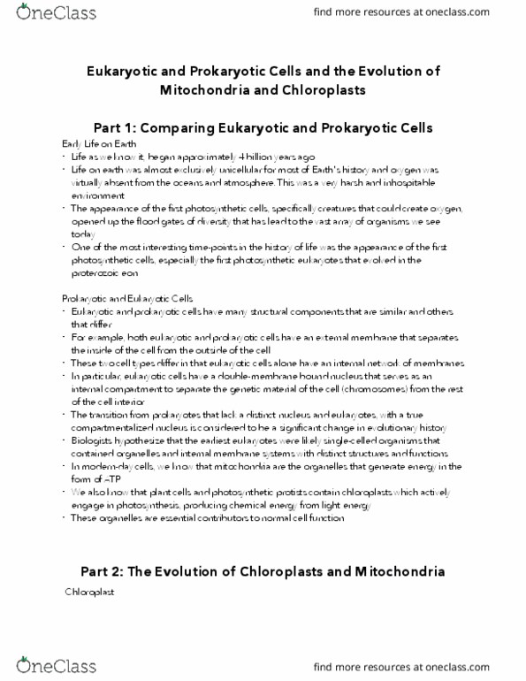 BIOLOGY 1A03 Lecture Notes - Lecture 1: Endomembrane System, Lynn Margulis, Proterozoic thumbnail