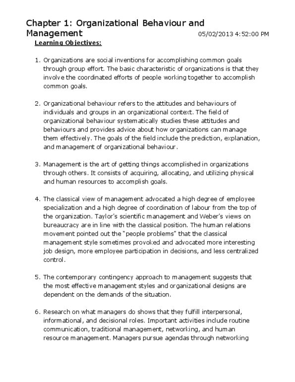 Management and Organizational Studies 2181A/B Lecture Notes - Social Cognitive Theory, Organizational Learning, Human Relations Movement thumbnail
