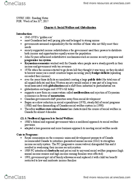 SWRK 1001H Chapter Notes - Chapter 4: Unemployment Benefits, Welfare, Child Tax Credit thumbnail