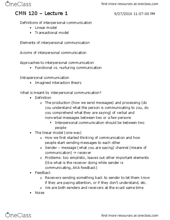 CMN 120 Lecture Notes - Lecture 1: Proactivity, Intrapersonal Communication, Interpersonal Communication thumbnail