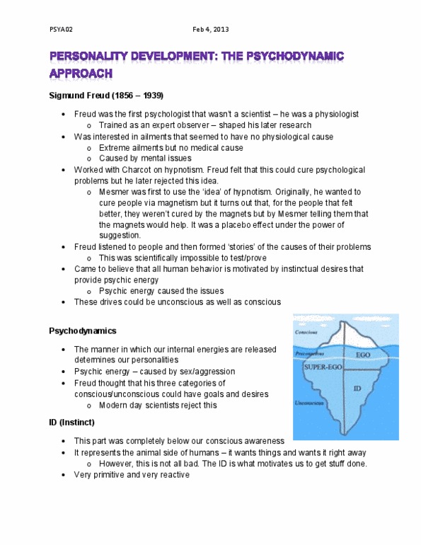 PSYA02H3 Lecture Notes - Sigmund Freud, Hypnosis, Psychodynamics thumbnail