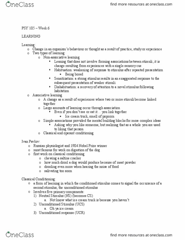 PSY 105 Lecture Notes - Lecture 6: Reinforcement, Headache, Latent Inhibition thumbnail