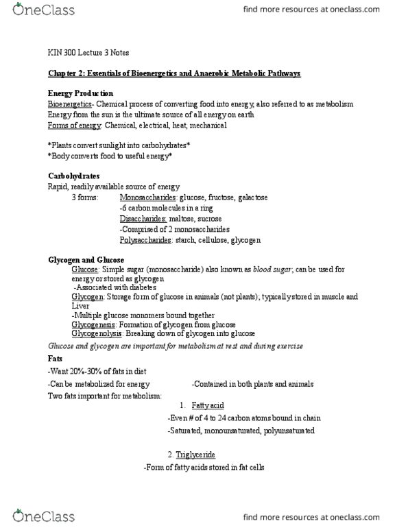 KIN 300 Lecture Notes - Lecture 3: Glycogenesis, Glycogenolysis, Monosaccharide thumbnail