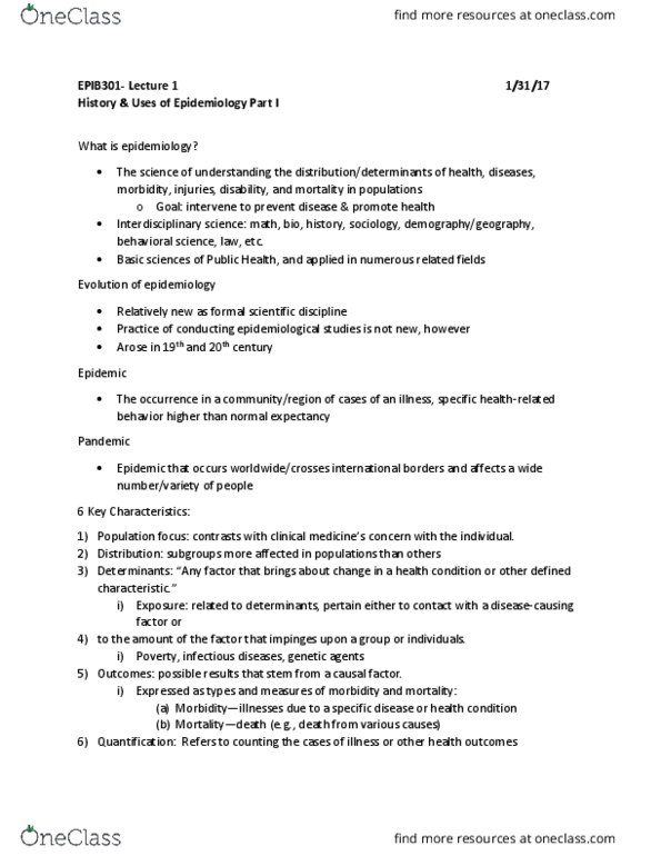EPIB 301 Lecture Notes - Lecture 1: Miasma Theory, Cholera, Behavioural Sciences thumbnail