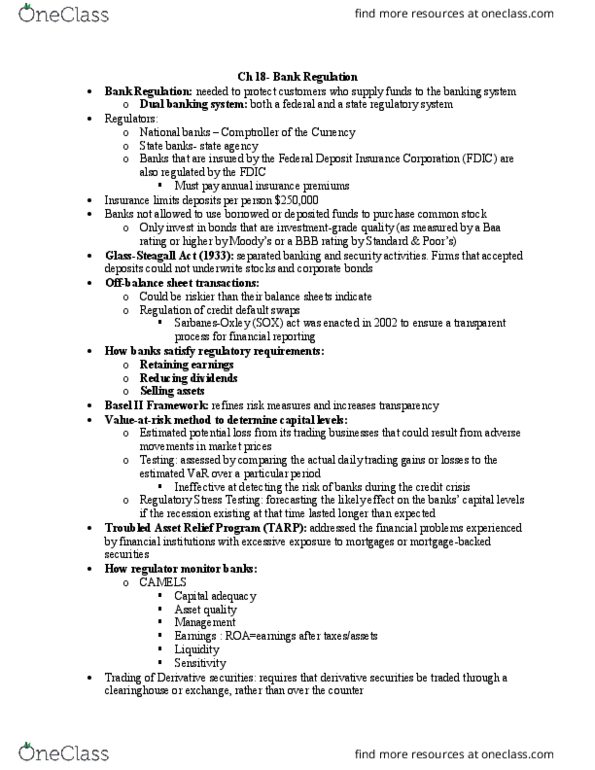 FIN 3110 Lecture Notes - Lecture 9: Basel Ii, Troubled Asset Relief Program, Federal Deposit Insurance Corporation thumbnail