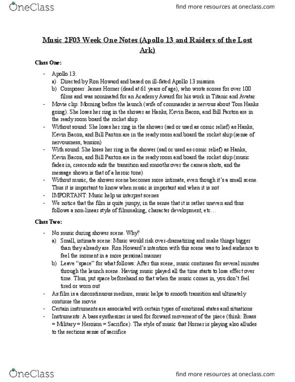 MUSIC 2F03 Lecture Notes - Lecture 2: Word Painting, Bill Paxton, Tom Hanks thumbnail