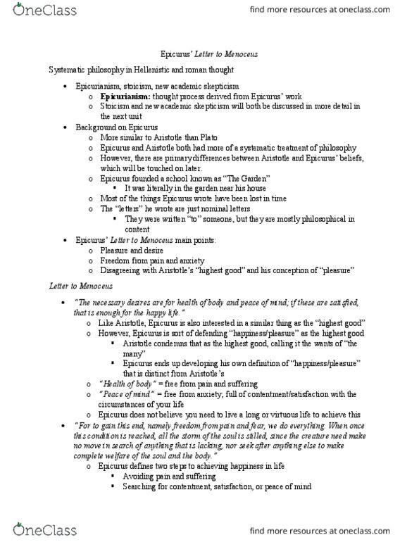 PHI 205 Lecture Notes - Lecture 7: Epicureanism, Academic Skepticism, Epicurus thumbnail