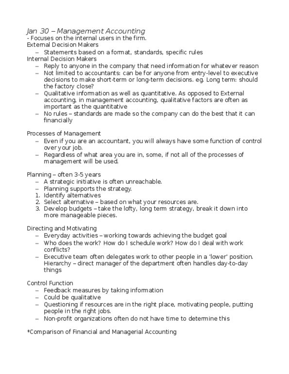 Management and Organizational Studies 1023A/B Lecture Notes - Management Accounting, Making Money, Cost Driver thumbnail