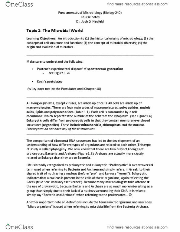 BIOL240 Lecture Notes - Lecture 1: Archaea thumbnail