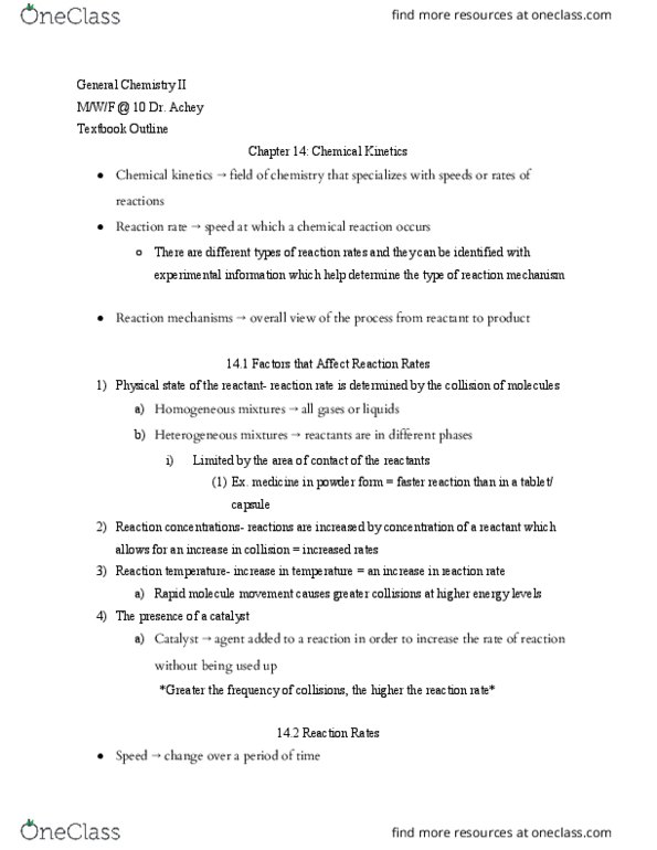 CHM 102 Chapter Notes - Chapter 14.1-14.4: Reaction Rate Constant, Rate Equation, Reaction Rate thumbnail