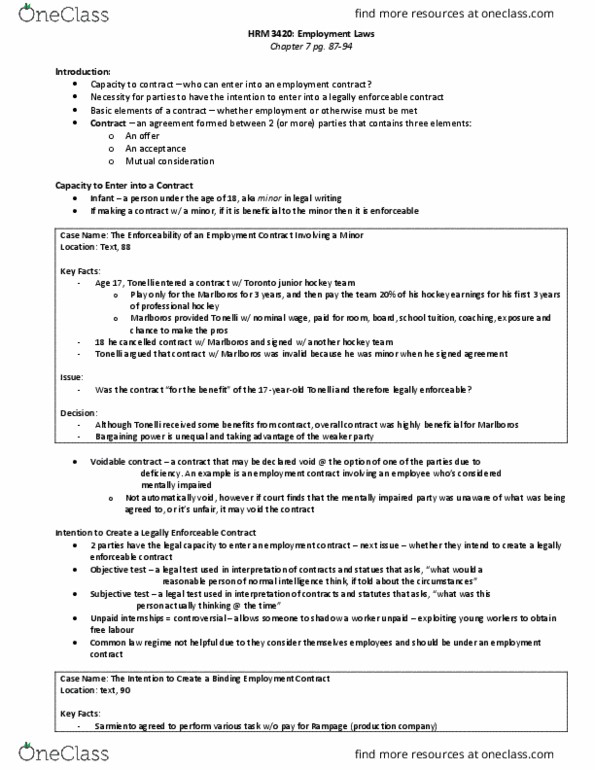 HRM 3420 Chapter Notes - Chapter 6, 7, 10: Oral Contract, Wrongful Dismissal, Objective Test thumbnail