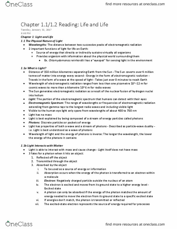 Biology 1202B Chapter Notes - Chapter 1.1-1.2: Cellular Respiration, Endergonic Reaction, Cell Membrane thumbnail