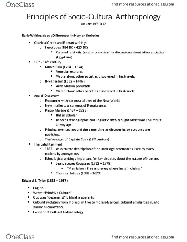 ANT 281 Lecture Notes - Lecture 1: Lewis H. Morgan, Franz Boas, Historical Particularism thumbnail