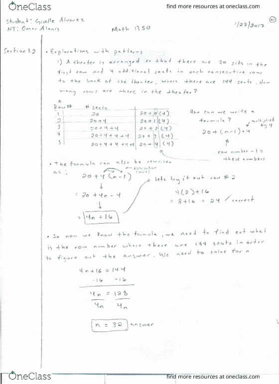 MATH1350 Lecture 1: math 1350 section 1.2 page 31 explorations with patterns thumbnail