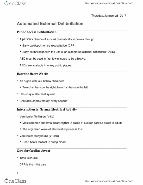 KNR 180 Lecture Notes - Lecture 6: Automated External Defibrillator, Cardiac Arrhythmia, Cardiopulmonary Resuscitation thumbnail