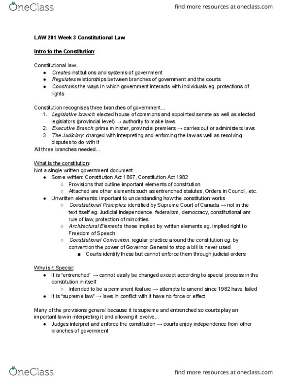 LAW 201 Lecture Notes - Lecture 3: Double Aspect, Ultra Vires, Interjurisdictional Immunity thumbnail